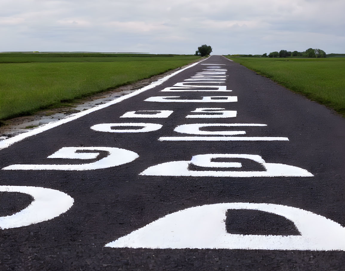 Long road with painted numbers in flat landscape under cloudy sky