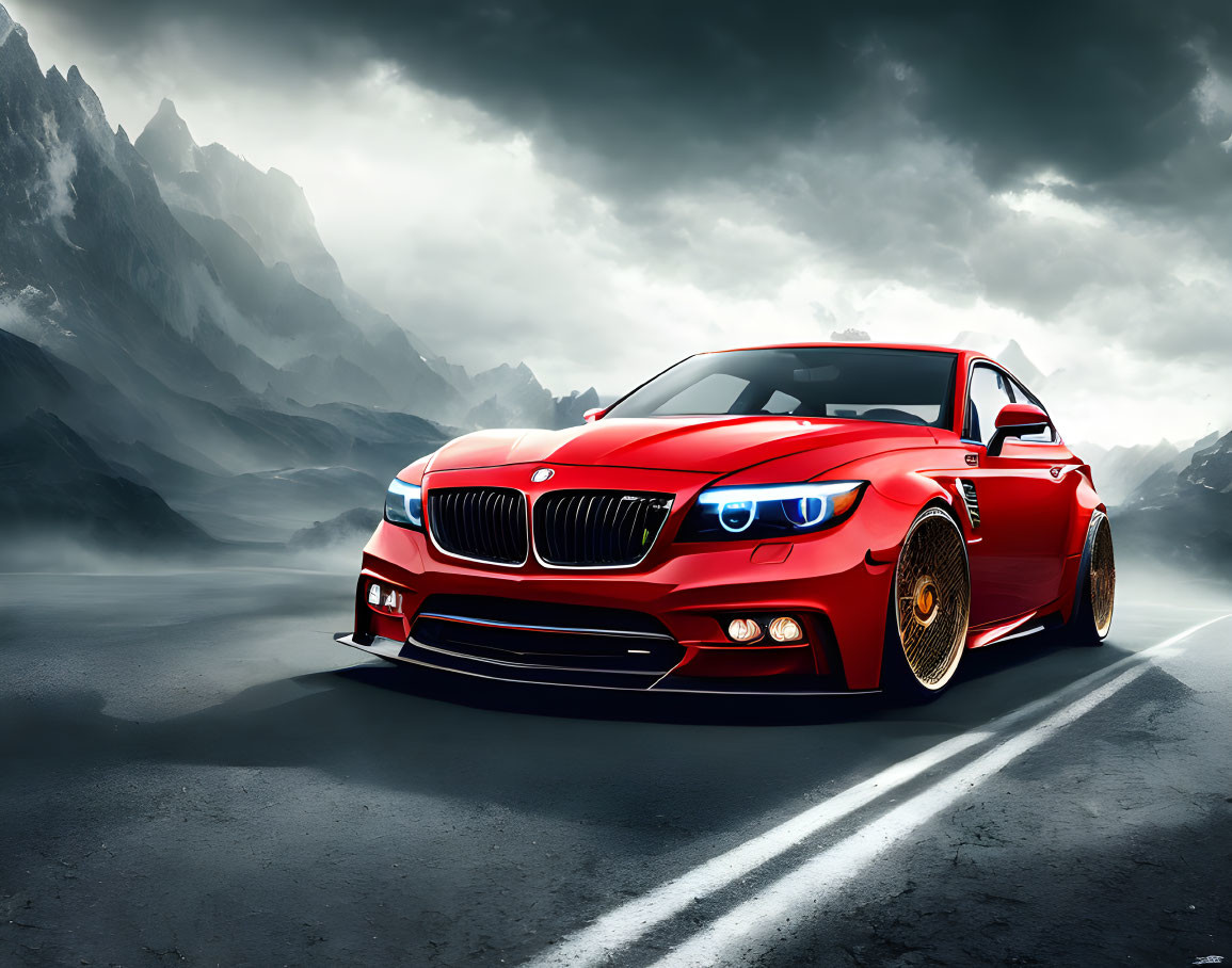 Red Sports Car with Blue Headlights on Asphalt Road with Mountainous Backdrop