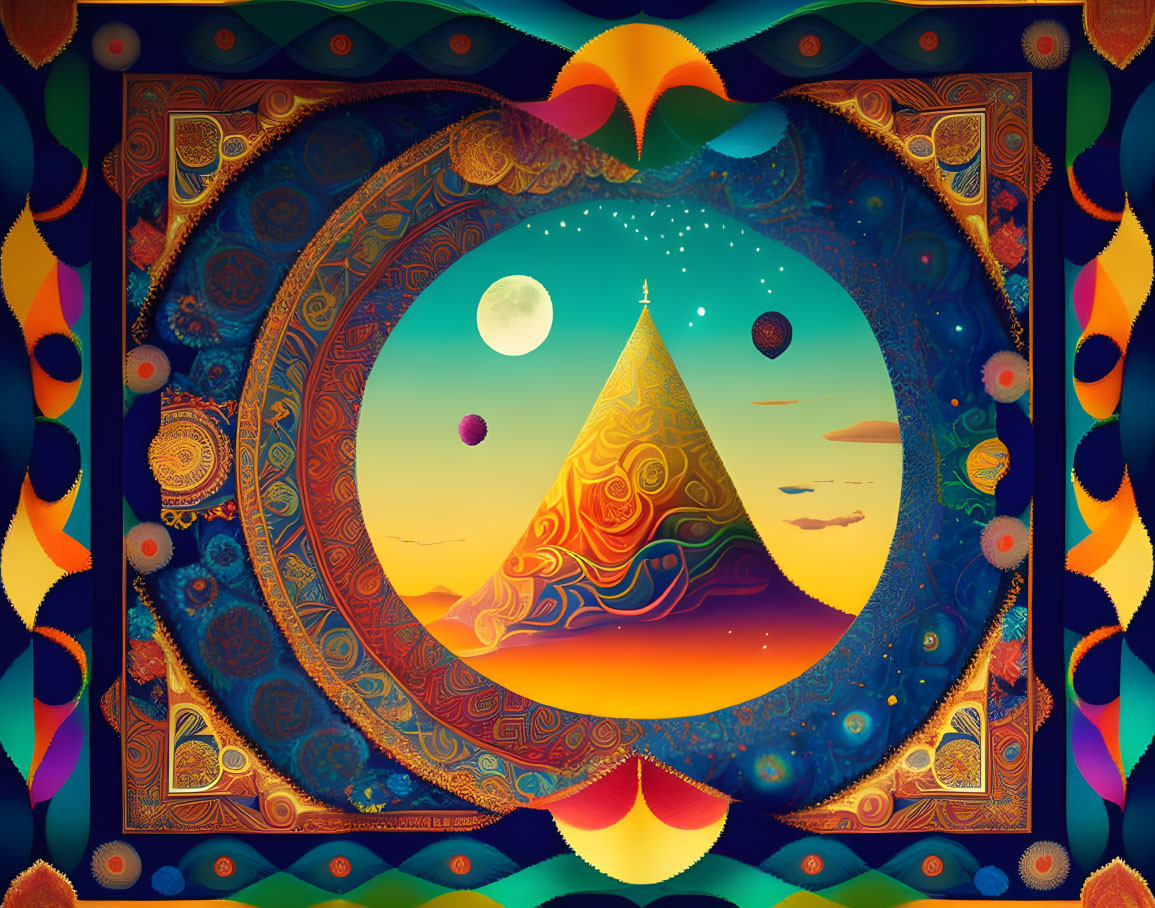 Colorful Psychedelic Pyramid Desert Scene with Celestial Bodies