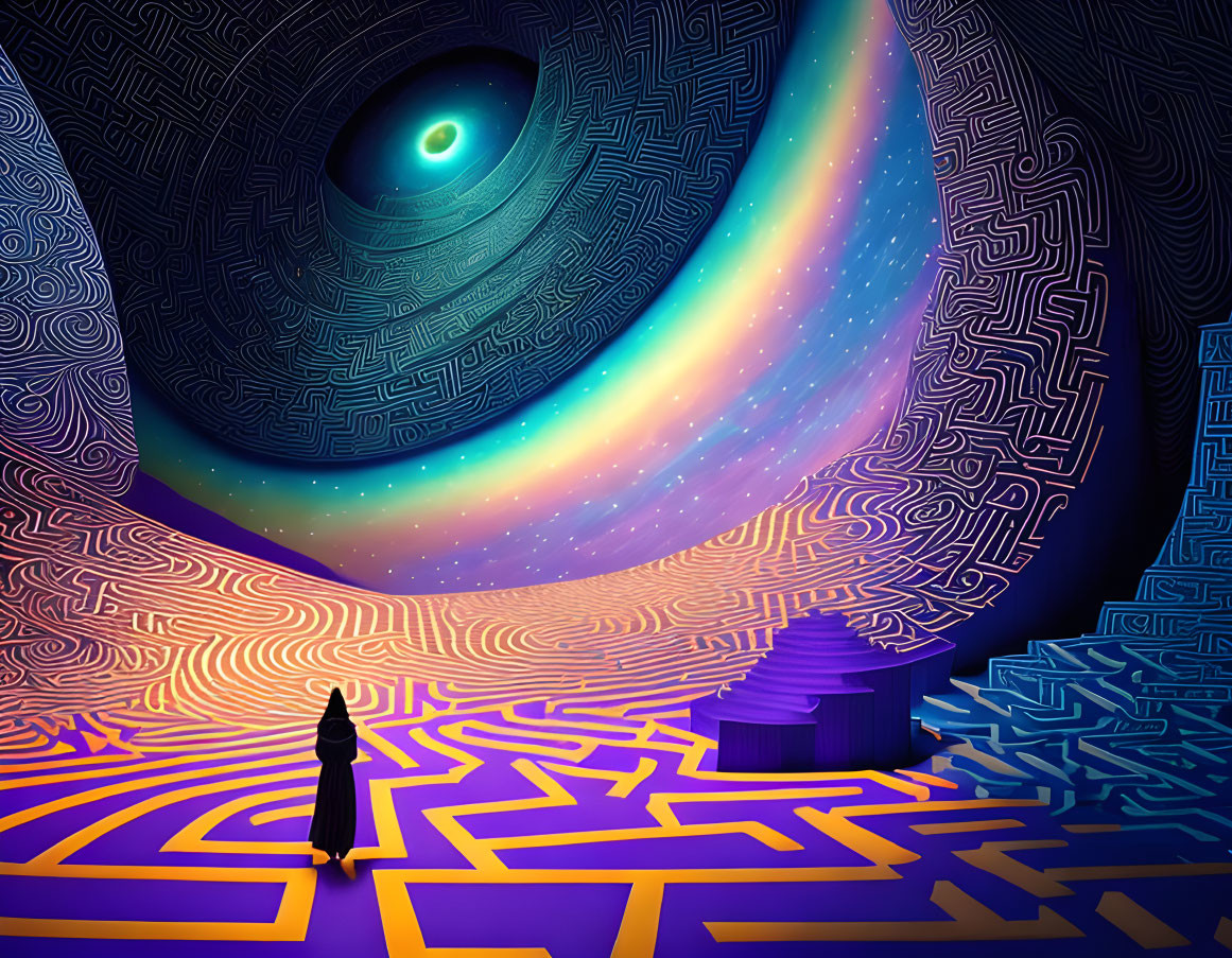 Person standing in front of spiral maze under starry sky with cosmic eye and center steps.