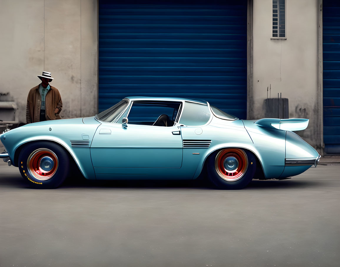 Vintage blue sports car with red glowing wheels parked by building, person in coat and hat.