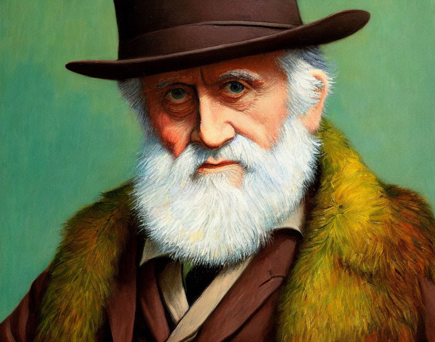 Elderly Man Portrait in Hat & Fur Coat on Green Background