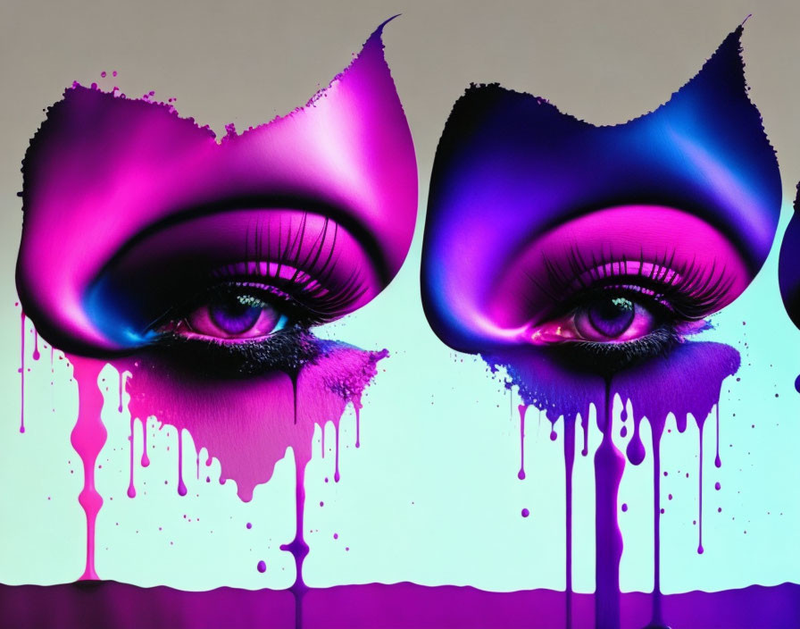 Vibrant purple and pink eyes with melting eyeshadow on dark background