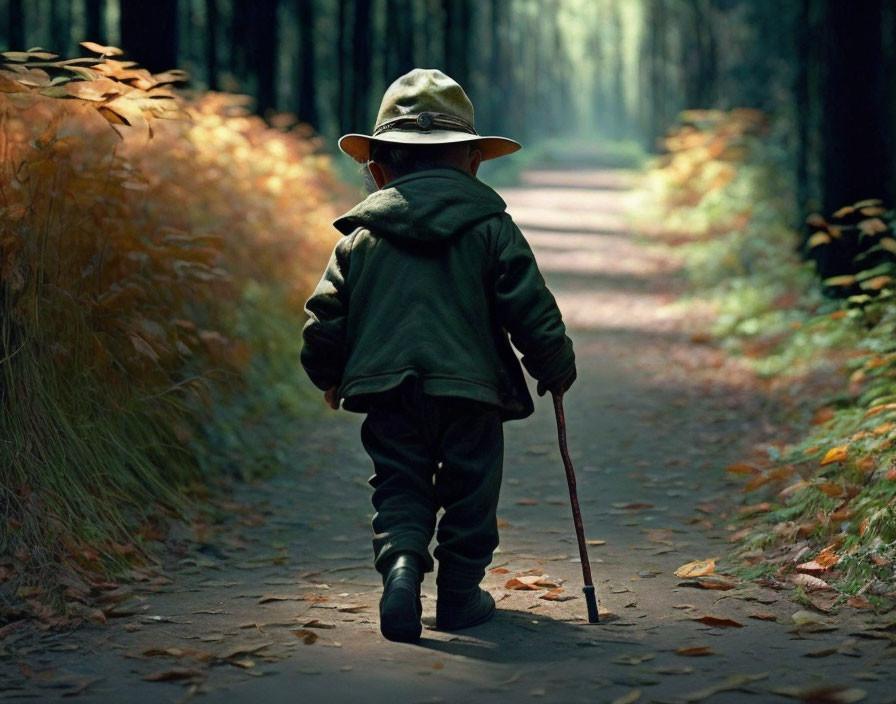 Child in Green Jacket Walking Forest Path Amid Autumn Leaves