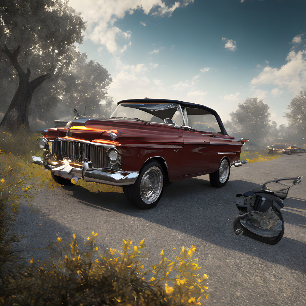 Vintage Red Convertible Car with Yellow Flowers and Fallen Scooter