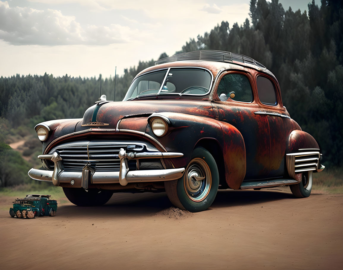 Vintage car parked on dirt road in forest with toy car replica