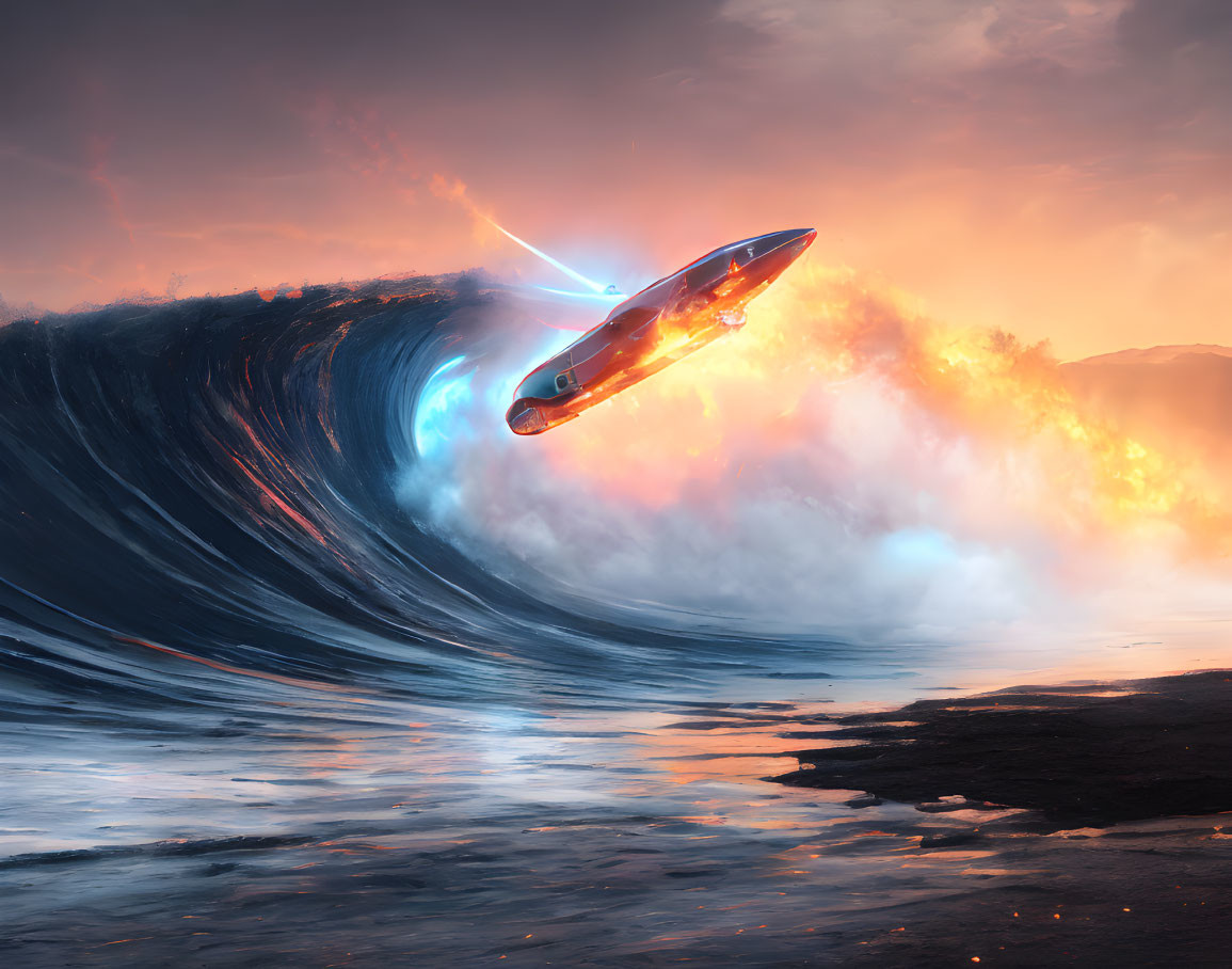 Futuristic spacecraft surfing fiery wave at sunset