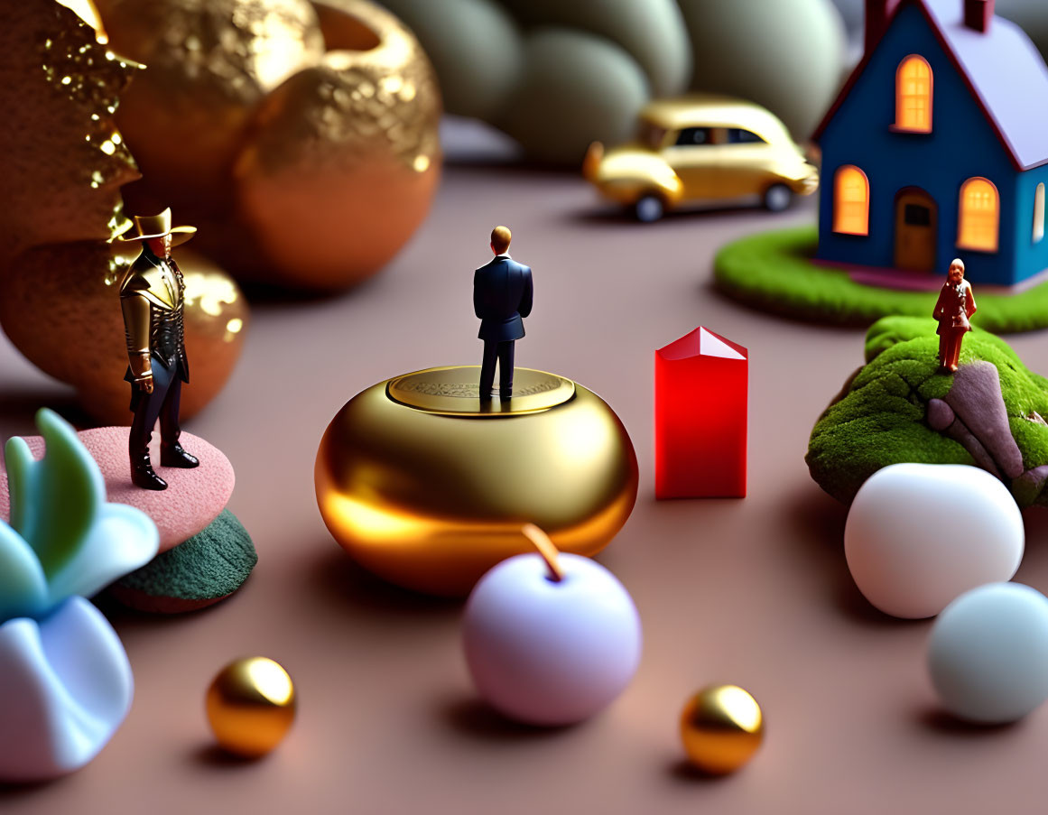 Surreal composition featuring businessperson, musician, woman, cars, and spheres