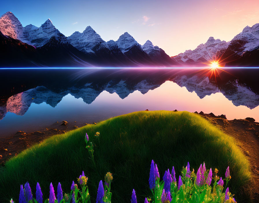 Mountain lake sunrise with purple flowers and snow-capped peaks