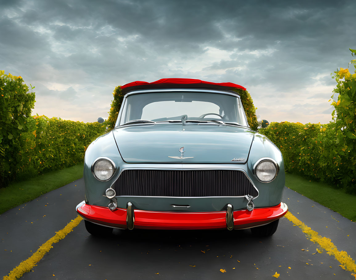 Classic Blue Car with Red Accents Parked Between Green Hedges