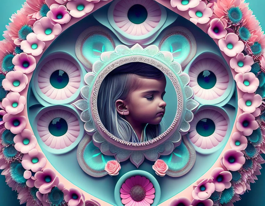 Intricate floral and eye motifs on child's profile with teal and pink colors