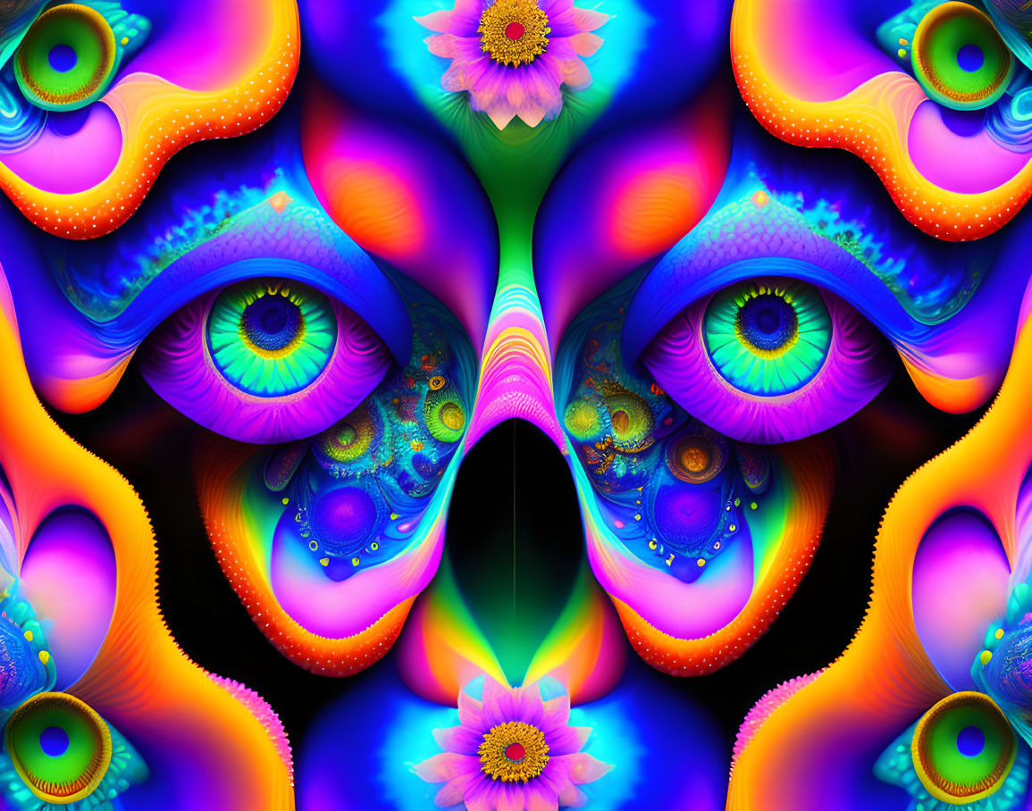 Colorful Symmetrical Psychedelic Fractal Art with Eye and Floral Patterns