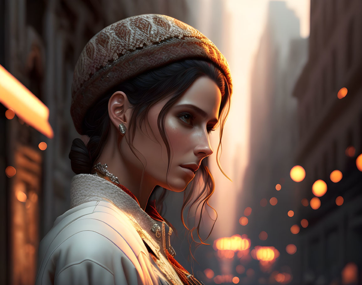 Digital artwork: Woman with side braid and beret, focused gaze, city background.