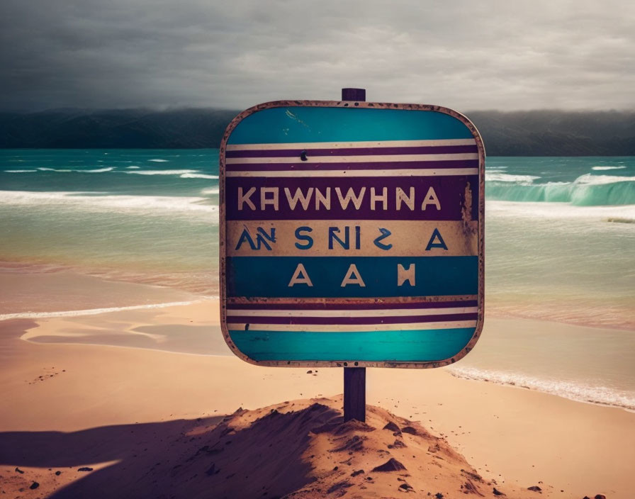 Weathered beach sign against emerald ocean backdrop