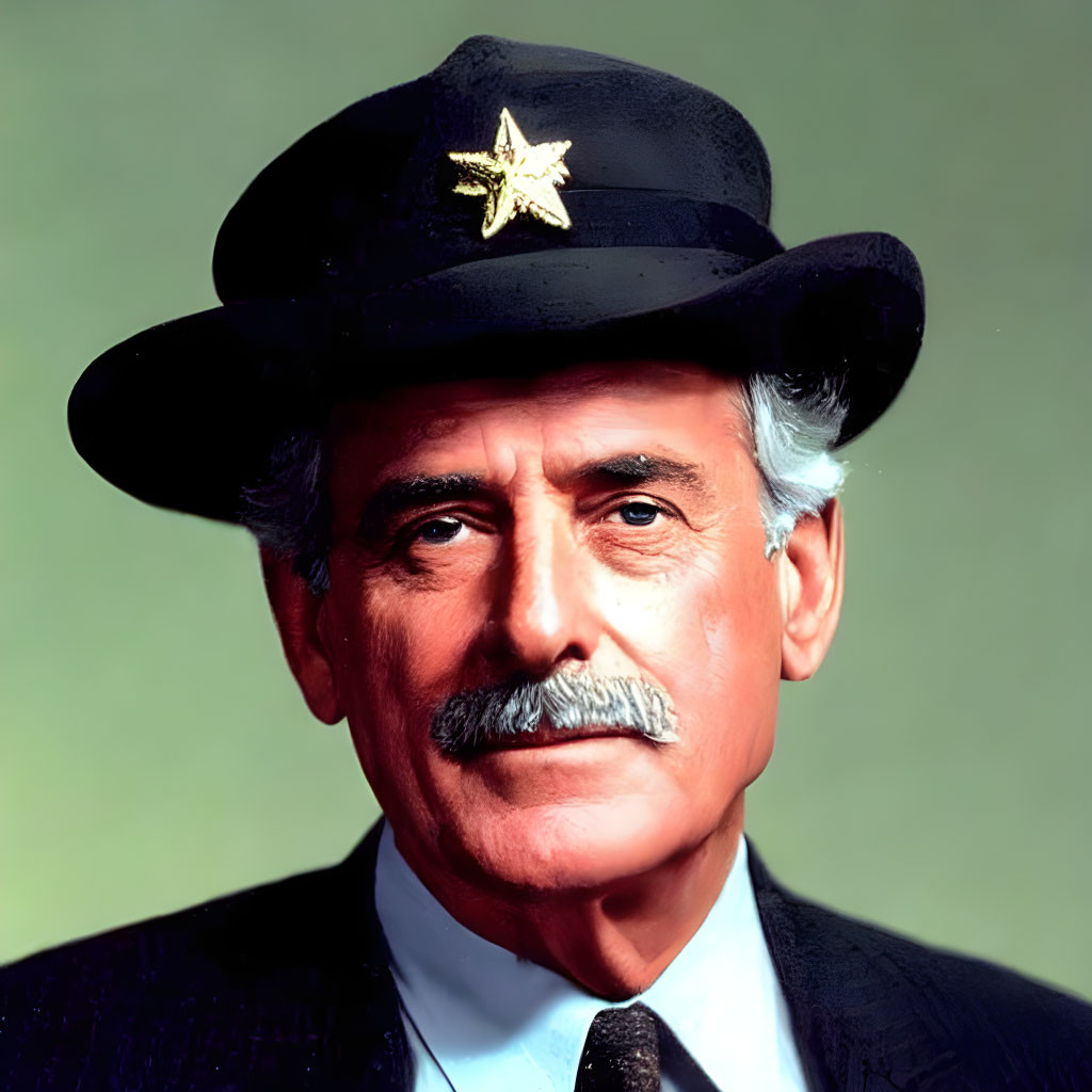 Elderly man in black fedora with gold star badge and gray mustache