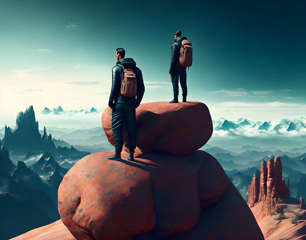 Two People Standing on Large Rocks with Mountain Landscape View