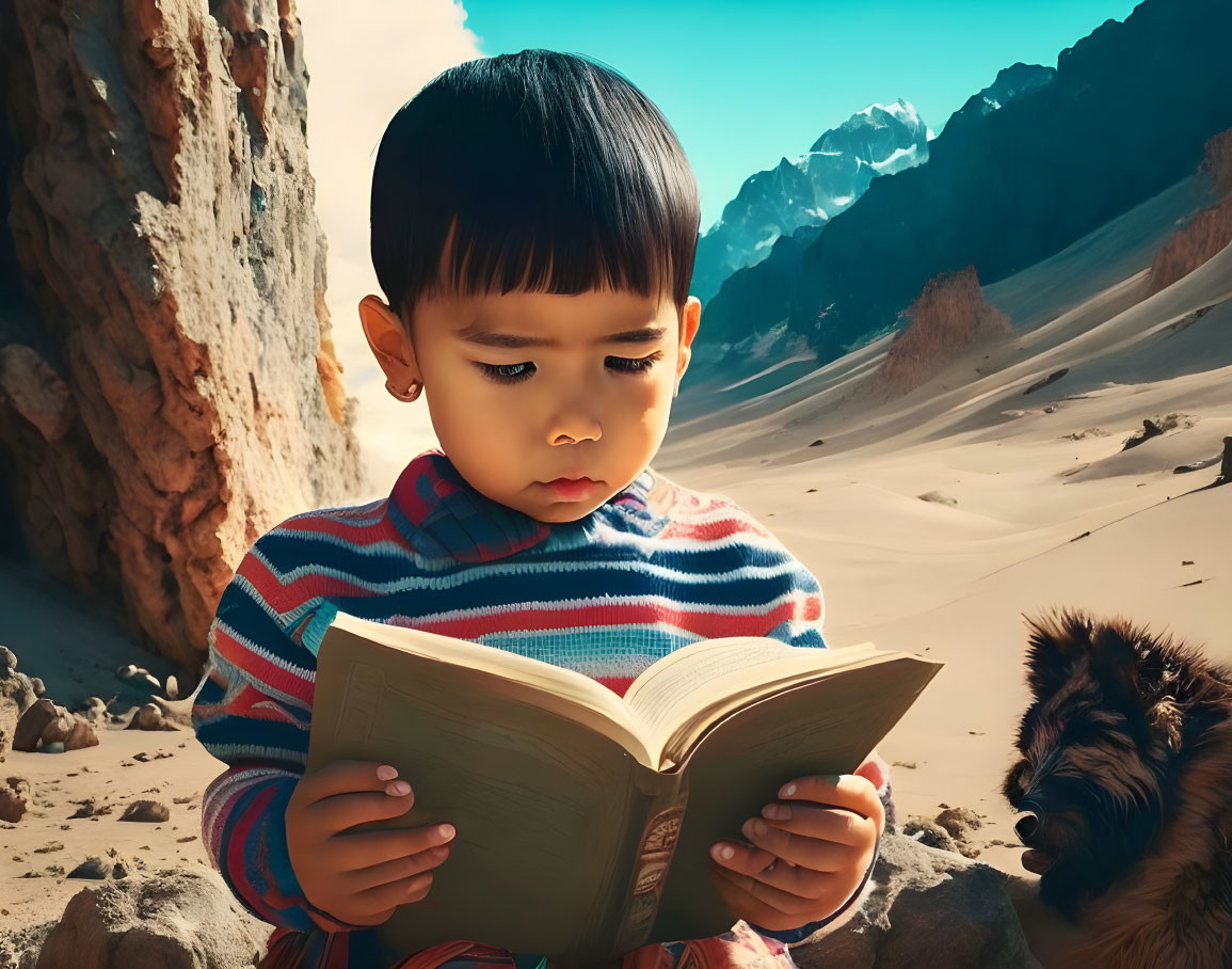 Child reading book in desert with dog and mountains