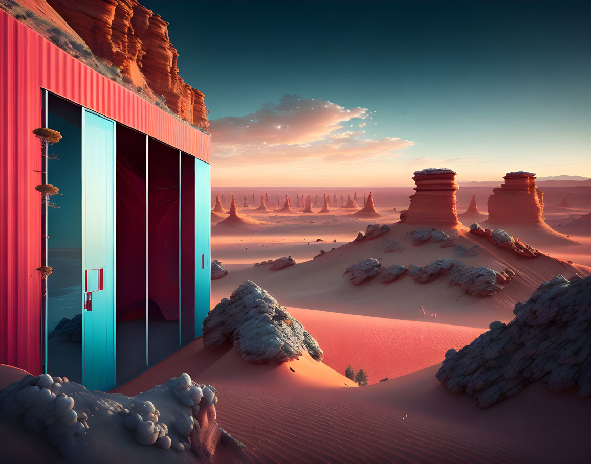 Vibrant red door in surreal desert landscape with towering rock formations