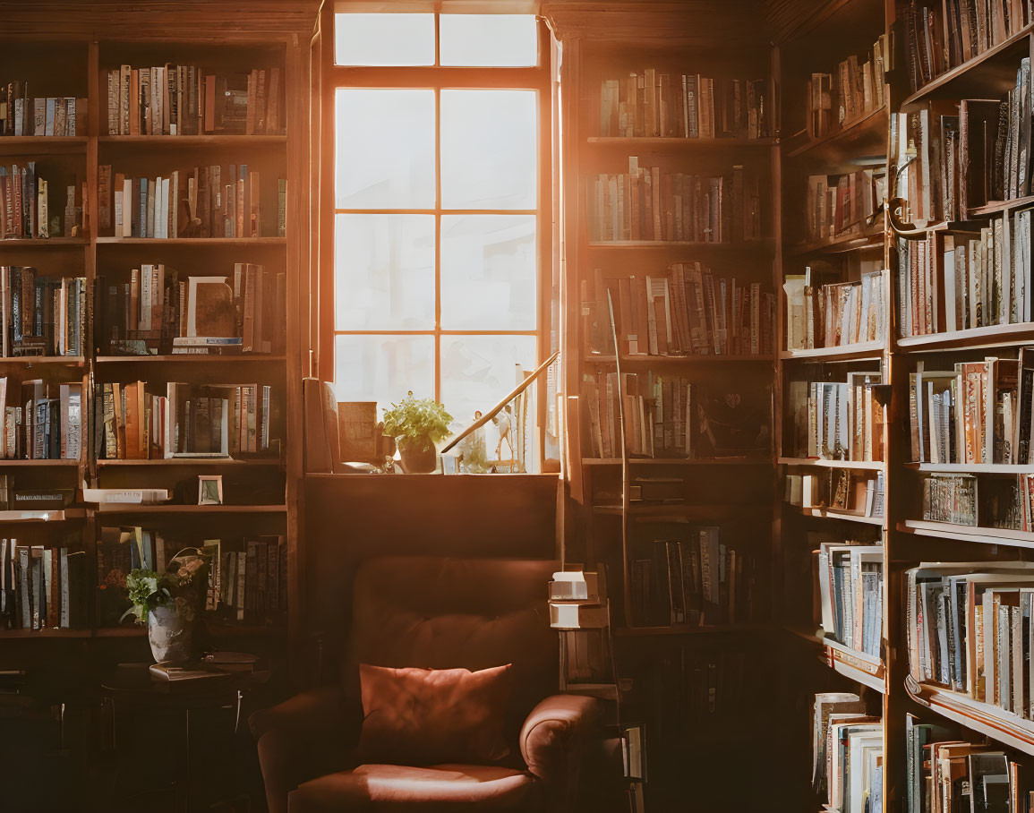 Cozy Reading Nook with Leather Armchair, Lamp, Plants, and Book-Filled Shelves