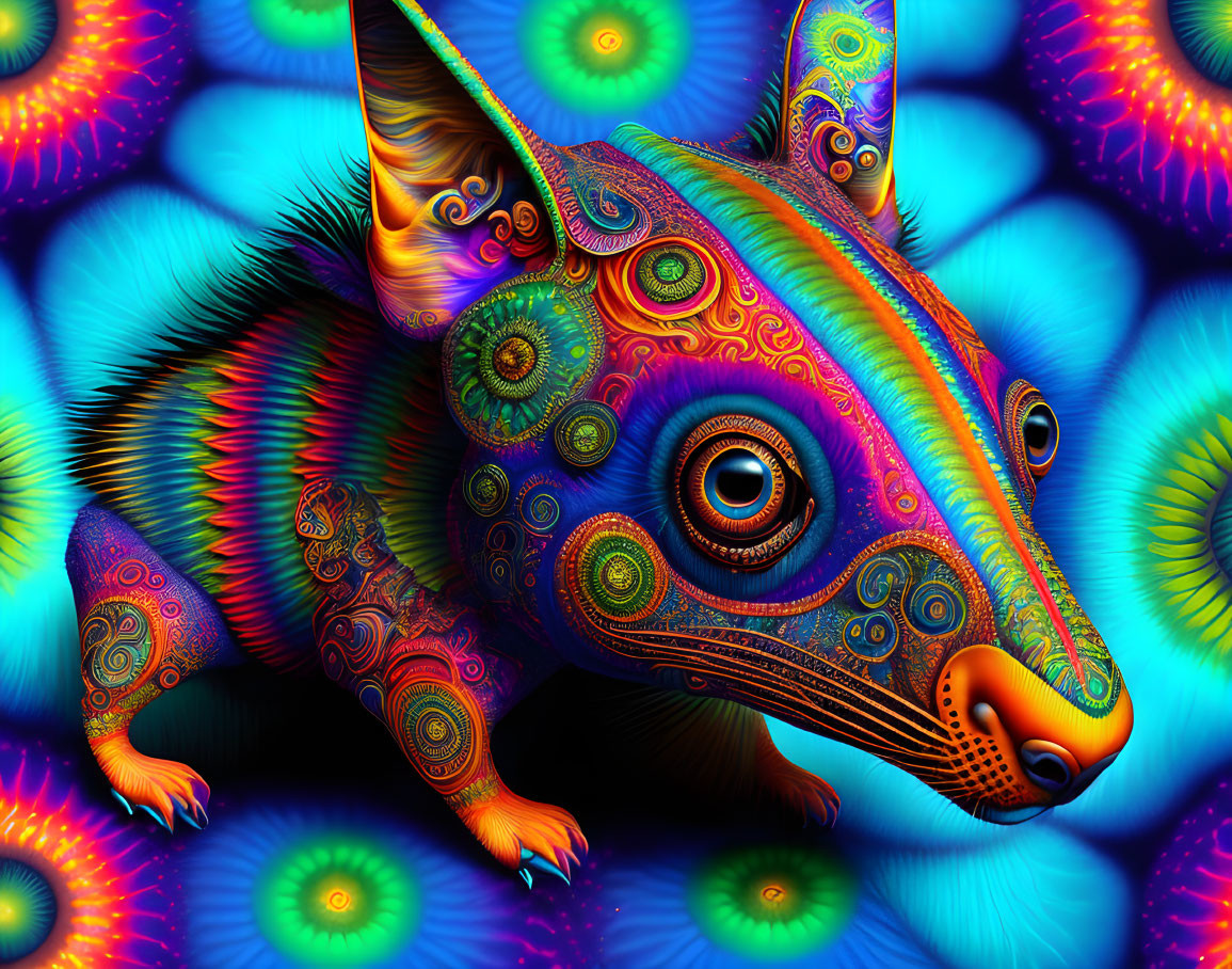 Colorful Chameleon on Psychedelic Blue Fractal Background