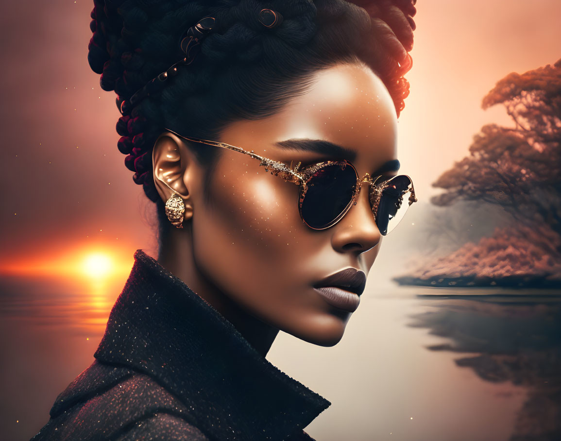 Stylish woman with braided hair and sunglasses by serene riverscape