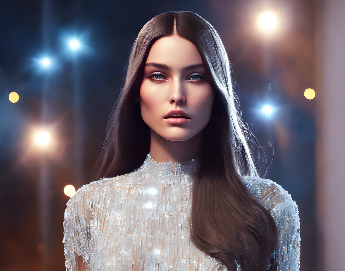 Sophisticated woman in glittery dress with long hair under soft lights