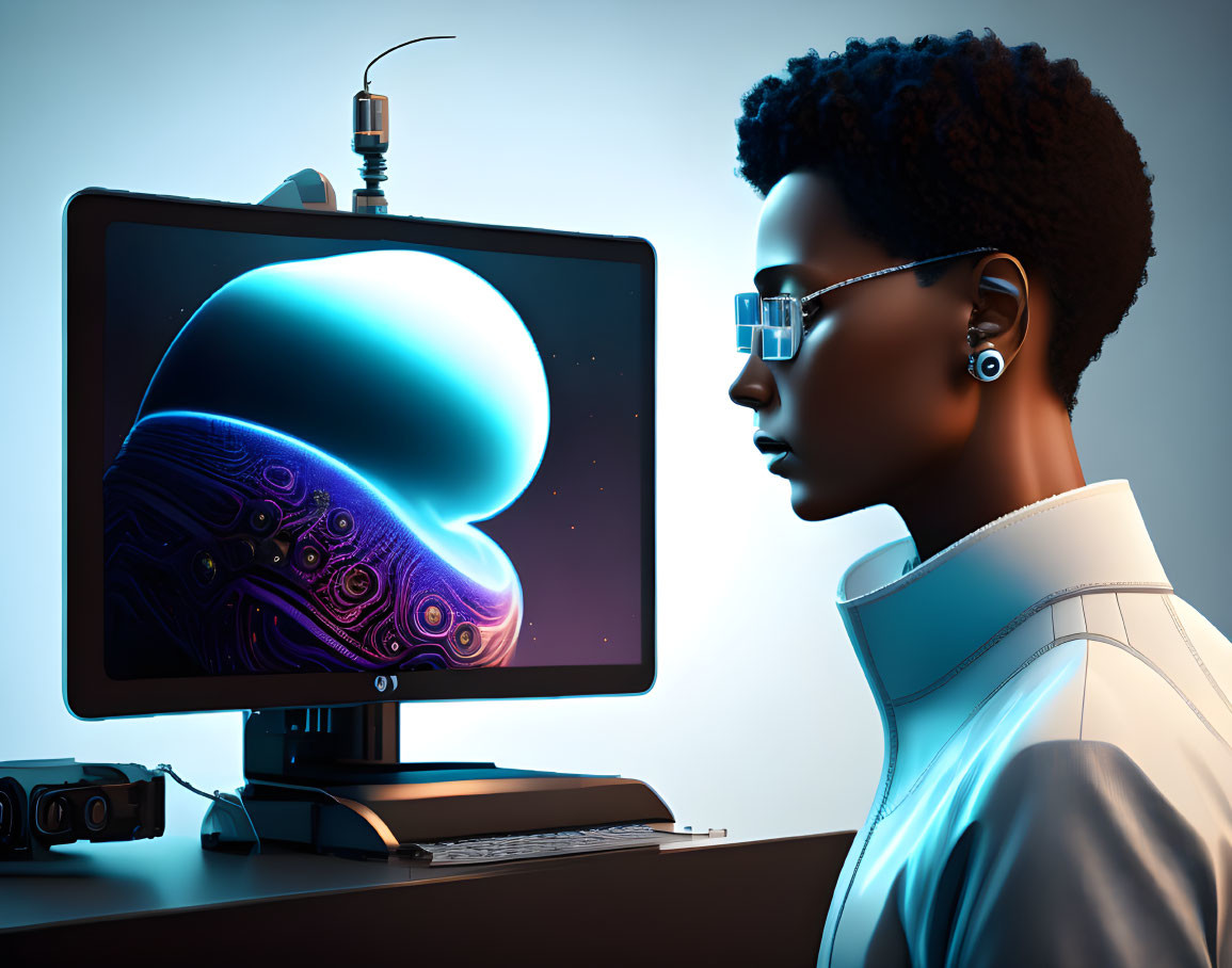 Futuristic woman in high-tech glasses and white outfit viewing digital art on monitor