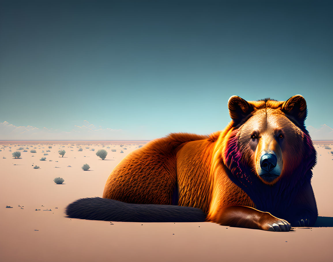 Brown bear relaxing in desert landscape under clear blue sky