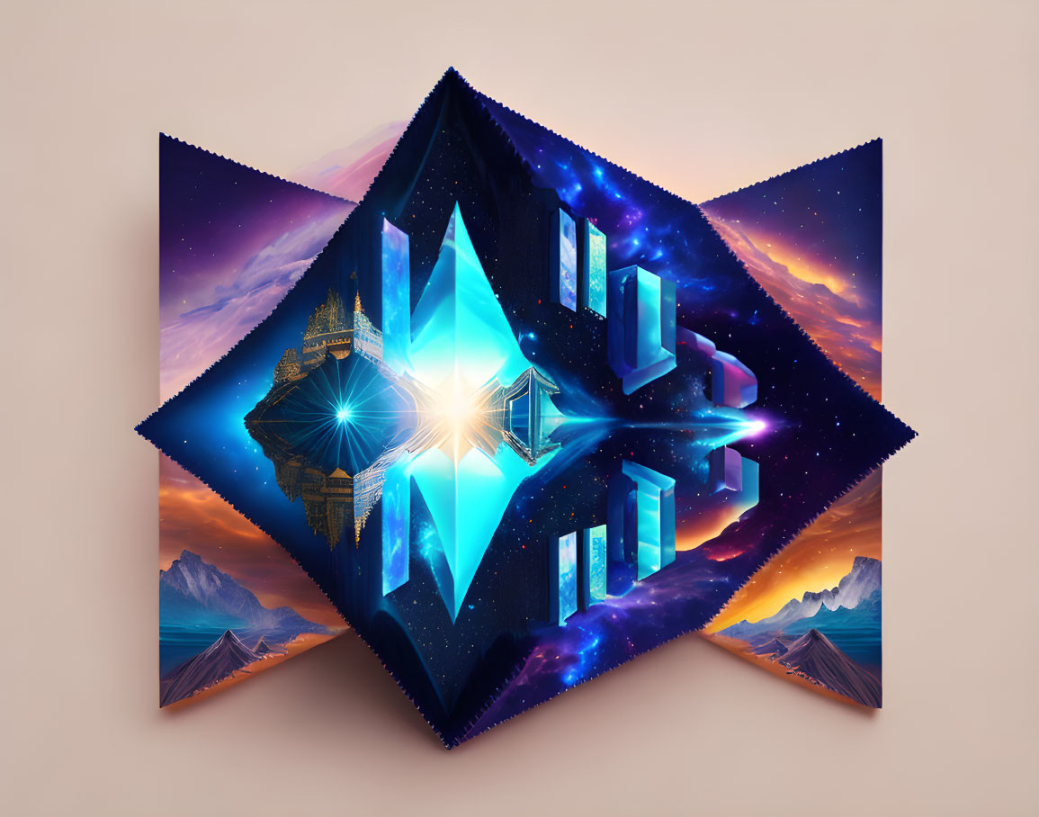 Cosmic 3D Abstract Art: Multifaceted Crystal Shape with Stars, Nebulae