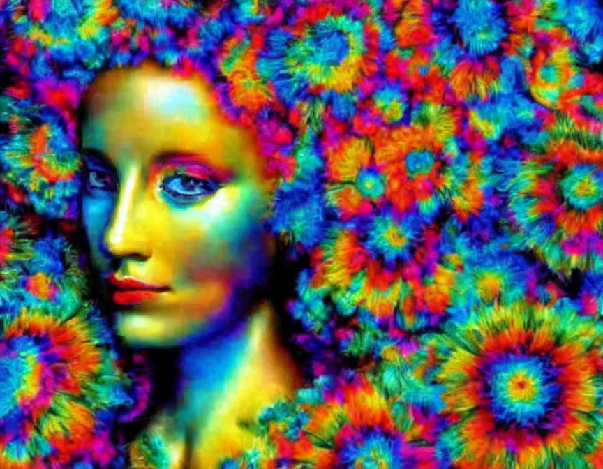 Colorful Psychedelic Artwork of Woman's Face with Fractal Floral Patterns