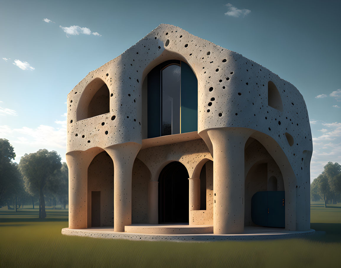 Contemporary concrete structure with circular openings in a natural setting