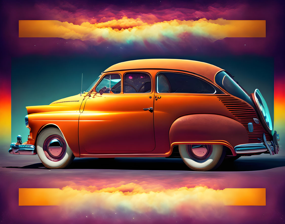 Vintage Orange Car in Dramatic Sunset Sky with Colorful Clouds and Graphic Stripes