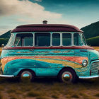 Vintage Bus with Ocean Wave Graphics in Grassy Field with Pine Trees & Hills