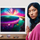 Blue-haired woman beside computer with cosmic image and white wall