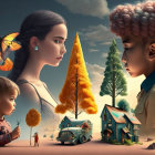 Surreal image of woman and child with floating islands and tiny houses