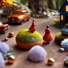 Surreal composition featuring businessperson, musician, woman, cars, and spheres