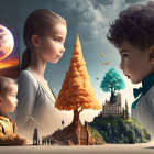 Fantastical artwork featuring children and surreal landscape