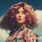 Auburn-haired woman in floral dress poses outdoors with captivating gaze.