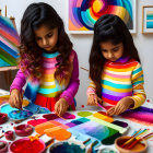 Two girls painting on table with art supplies and vibrant artworks.