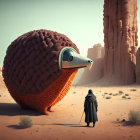 Giant whimsical armadillo creature with orange feathers meets cloaked figure in desert landscape