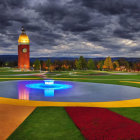 Colorful park with clock tower, pathways, fountain, flowers under dramatic sky