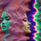 Colorful digital art: Three women profiles with neon hair in purple to green gradient.