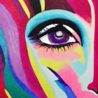 Vibrant abstract painting with stylized female eye and swirling forms in purple, pink, blue,