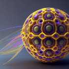 Abstract 3D-rendered sphere with yellow and purple patterns and glowing antenna-like elements