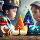 Children admiring colorful miniature landscape with trees, house, car, and fluffy clouds