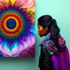 Profiled woman in colorful draped garment against vibrant fractal art on teal background