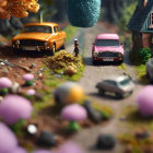 Miniature vintage cars, figurines, blue house, lush trees, and colorful shrubbery in