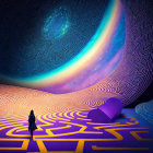 Person standing in front of spiral maze under starry sky with cosmic eye and center steps.