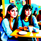 Two Women at Cafe Table with Coffee Cups in Colorful Setting