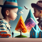 Children in detective costumes observe surreal miniature scene with vintage car, crystal, tree, birds, and rh